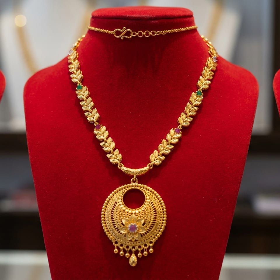 Ornate gold necklace with a large circular pendant displayed on a red velvet jewelry bust between two empty red busts.