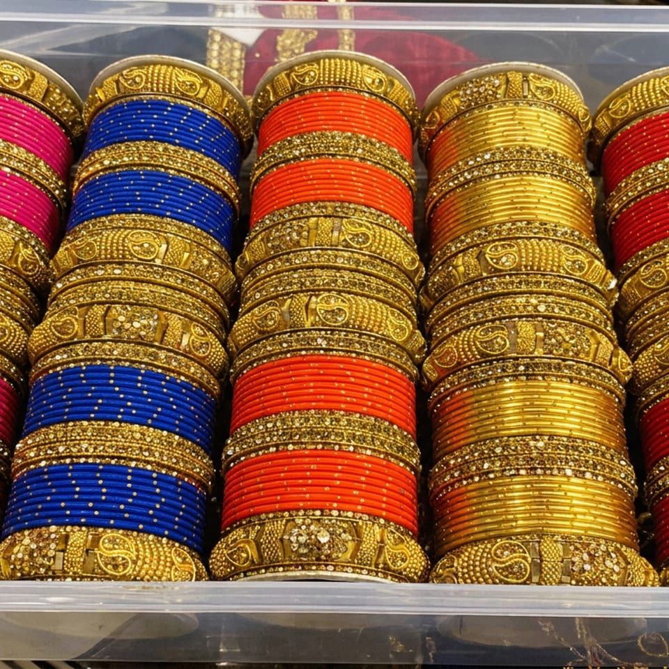 Colorful pink, blue, orange, gold, and red embellished bangles arranged in rows inside a clear plastic storage box.