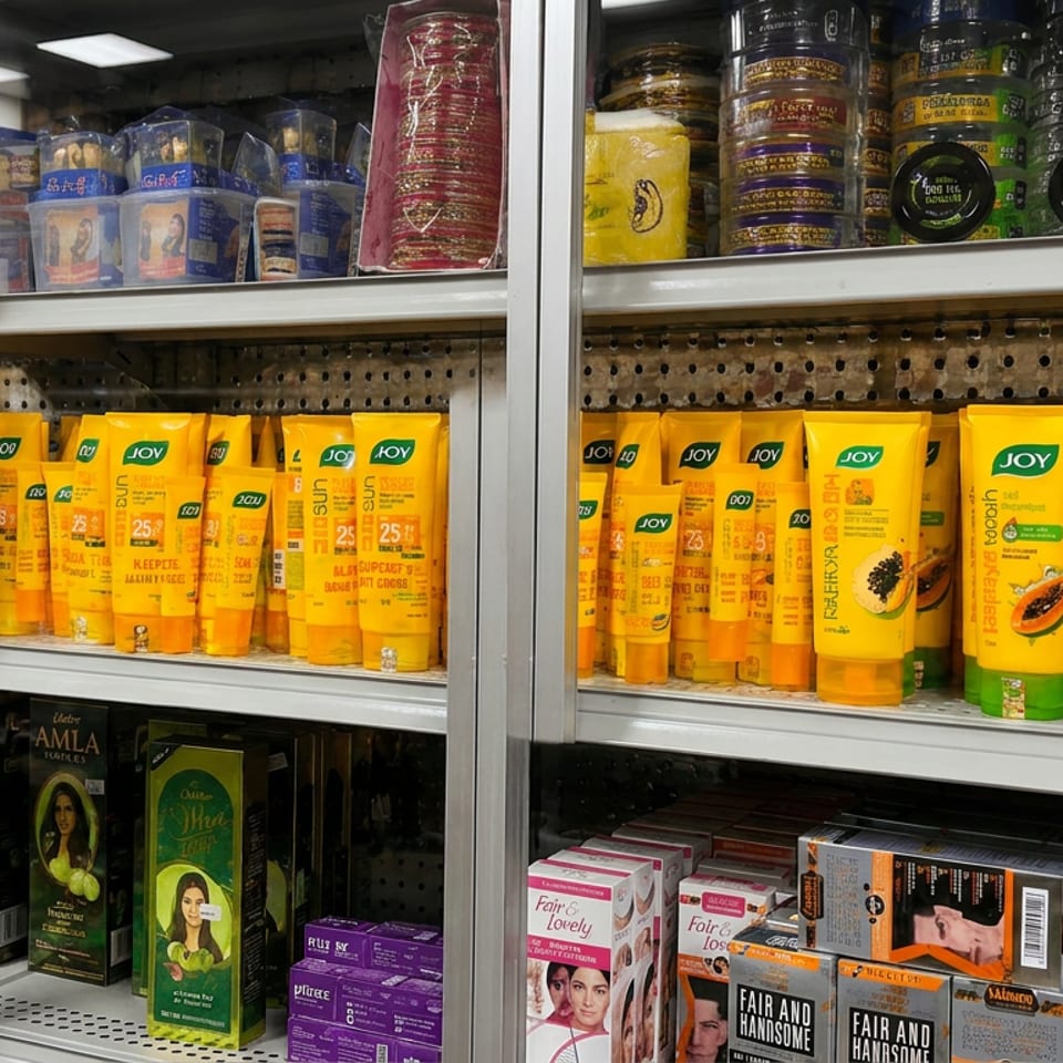 Store shelf displays colorful haircare, skincare, and beauty products behind glass doors.
