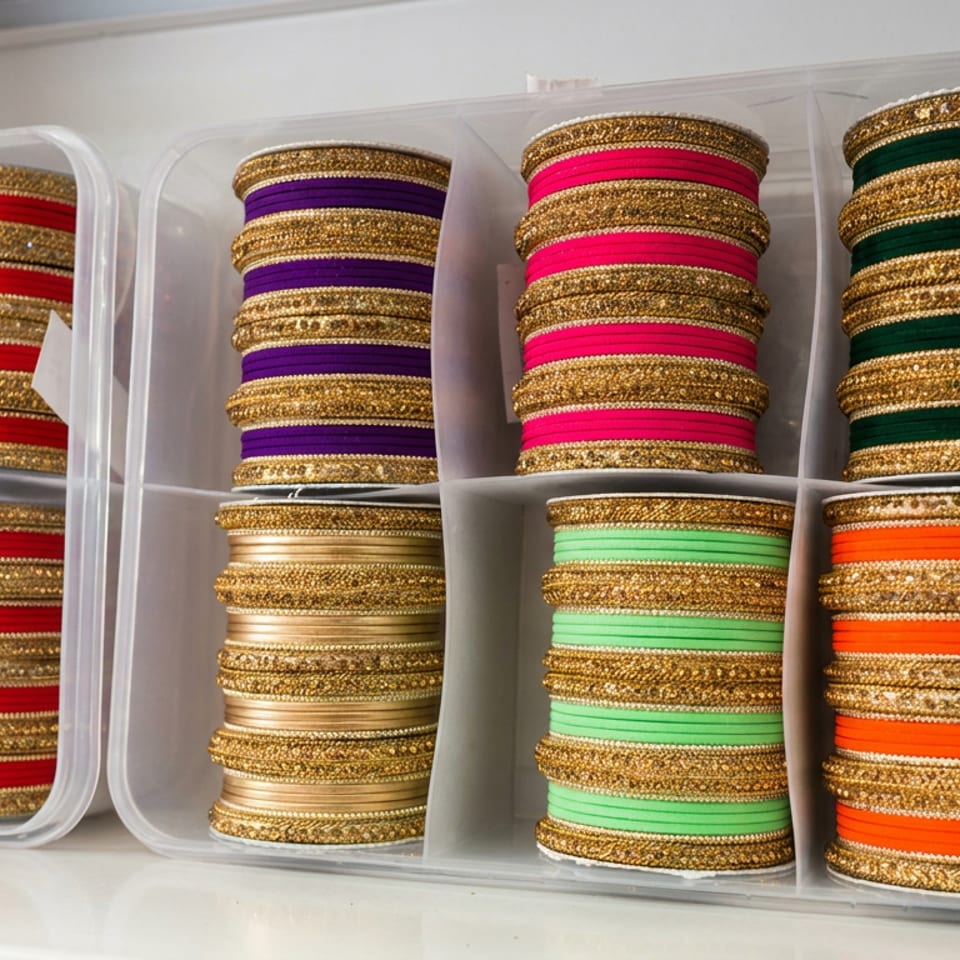 Colorful stacks of gold-trimmed bangles arranged in transparent storage compartments.