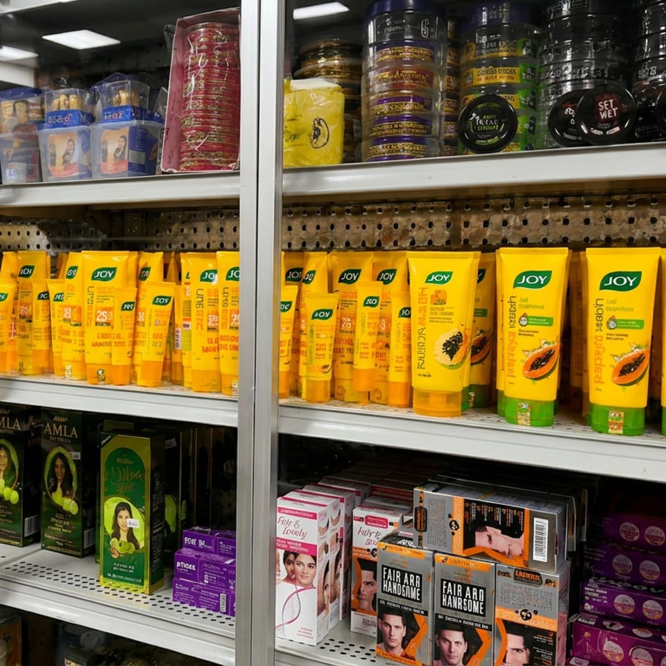 Store shelf displaying colorful haircare, skincare, cosmetics, and grooming products behind glass doors.